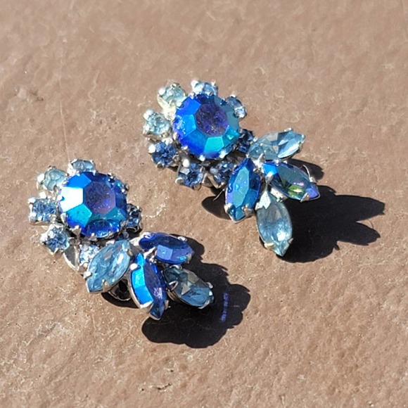 Vtg Sherman Signed Aurora Borealis Rhinestone Clip On Earrings - Picture 4 of 5